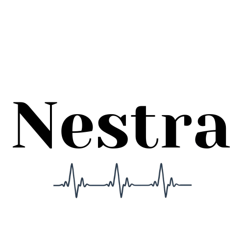 Logotyp för Nestra, en innovativ produkt för smärtlindring i nacke och axlar. Logotypen visar texten 'Nestra' i ett stilrent typsnitt, med en hjärtfrekvenslinje under, vilket symboliserar hälsa, välbefinnande och avancerad teknik.