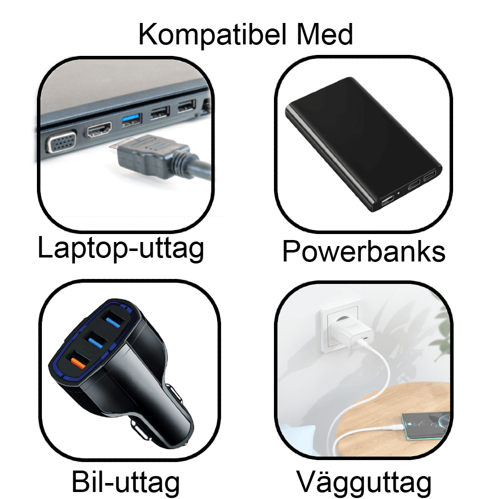 Illustration som visar olika sätt att ladda eller driva Nestra. Fyra bilder inkluderar laptop-uttag, powerbanks, biluttag och vägguttag, tillsammans med texten 'Kompatibel Med'.